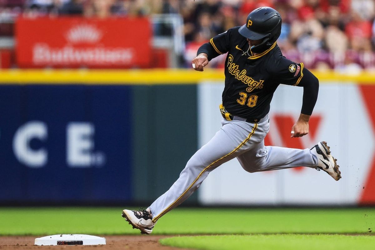 Sep 23, 2025; Cincinnati, Ohio, USA; Pittsburgh Pirates second baseman Nick Yorke (38) rounds second on a RBI double hit by outfielder Alexander Canario (not pictured) in the second inning against the Cincinnati Reds at Great American Ball Park. Mandatory Credit: Katie Stratman-Imagn Images