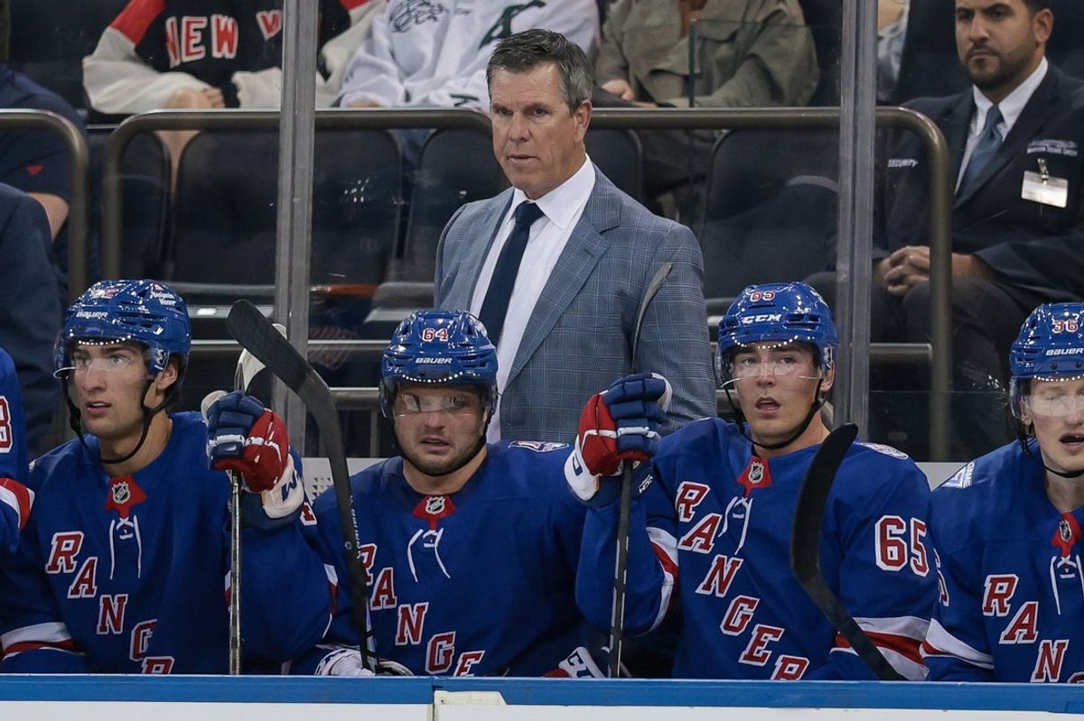 Sep 23, 2025; New York, New York, USA; New York Rangers head coach Mike Sullivan looks on during the first period of a preseason game against the Boston Bruins at Madison Square Garden. Mandatory Credit: Vincent Carchietta-Imagn Images