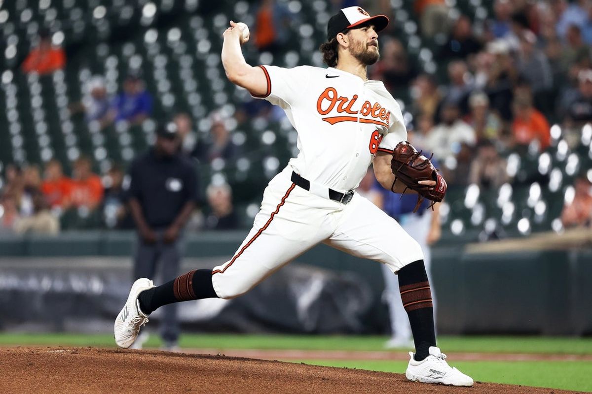 Sep 23, 2025; Baltimore, Maryland, USA; Baltimore Orioles pitcher Dean Kremer (64) throws during the first inning against the Tampa Bay Rays at Oriole Park at Camden Yards. Mandatory Credit: Daniel Kucin Jr.-Imagn Images