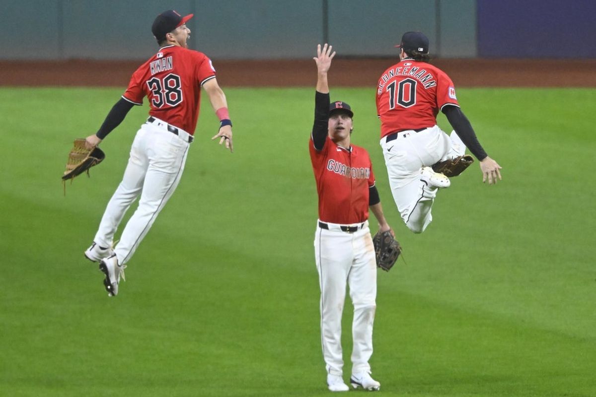 Sep 23, 2025; Cleveland, Ohio, USA; The Cleveland Guardians celebrate a win over the Detroit Tigers at Progressive Field. Mandatory Credit: David Richard-Imagn Images