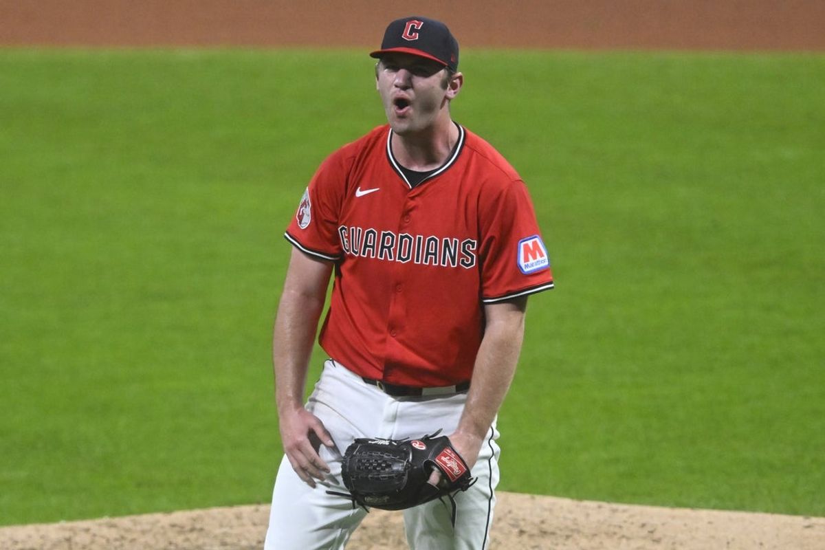 Sep 23, 2025; Cleveland, Ohio, USA; Cleveland Guardians starting pitcher Gavin Williams (32) reacts at the end of the fourth inning against the Detroit Tigers at Progressive Field. Mandatory Credit: David Richard-Imagn Images