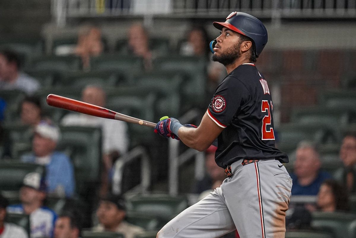 Sep 23, 2025; Cumberland, Georgia, USA; Washington Nationals left fielder James Wood (29) watches after hitting a home run against the Atlanta Braves during the eighth inning at Truist Park. Mandatory Credit: Dale Zanine-Imagn Images