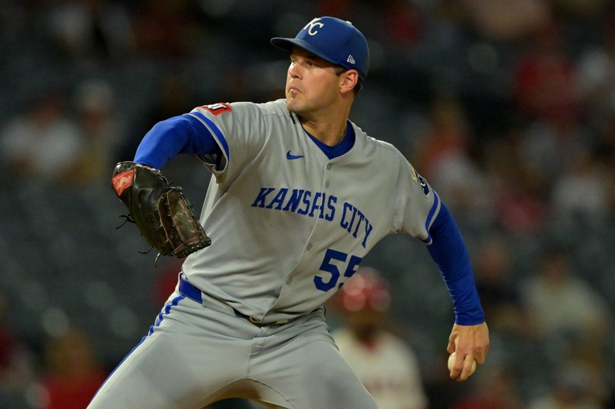 Sep 23, 2025; Anaheim, California, USA;  Kansas City Royals starting pitcher Cole Ragans (55) delivers during the first inning against the Los Angeles Angels at Angel Stadium. Mandatory Credit: Jayne Kamin-Oncea-Imagn Images