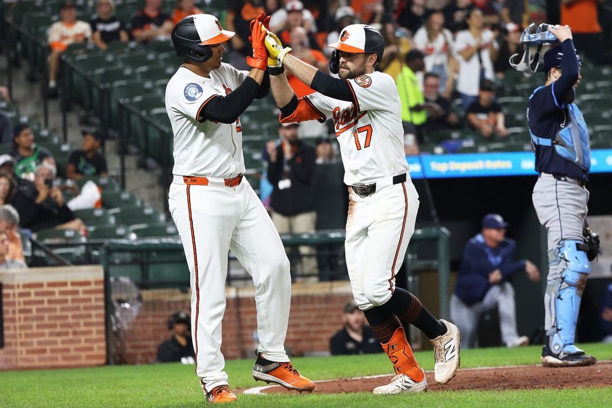 Sep 23, 2025; Baltimore, Maryland, USA; Baltimore Orioles outfielder Colton Cowser (17) celebrates with designated hitter Samuel Basallo (29) after hitting a home run during the sixth inning against the Tampa Bay Rays at Oriole Park at Camden Yards. Mandatory Credit: Daniel Kucin Jr.-Imagn Images