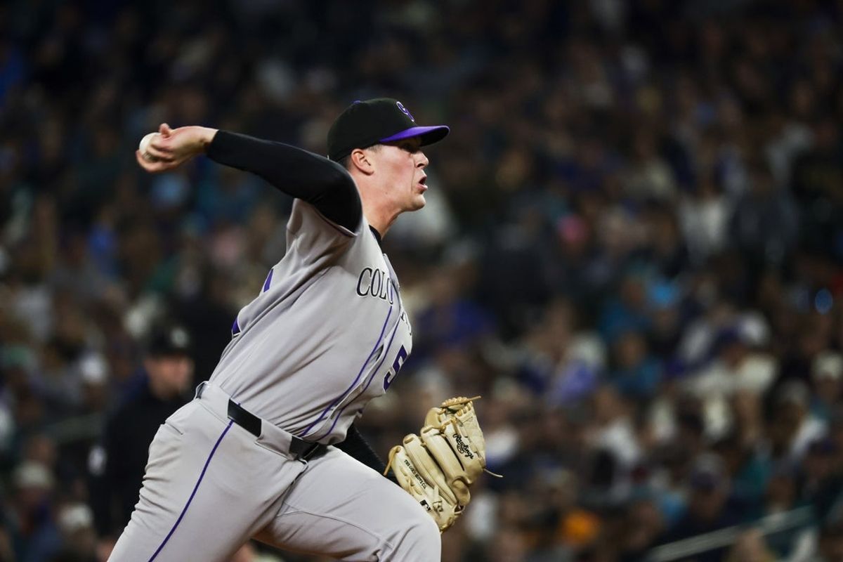 Sep 23, 2025; Seattle, Washington, USA; Colorado Rockies starting pitcher McCade Brown (51) throws against the Seattle Mariners during the third inning at T-Mobile Park. Mandatory Credit: Joe Nicholson-Imagn Images