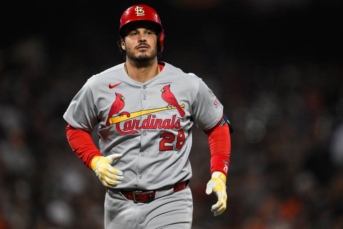 Sep 23, 2025; San Francisco, California, USA; St. Louis Cardinals third baseman Nolan Arenado (28) runs home after his solo home run against the San Francisco Giants during the seventh inning at Oracle Park. Mandatory Credit: Eakin Howard-Imagn Images