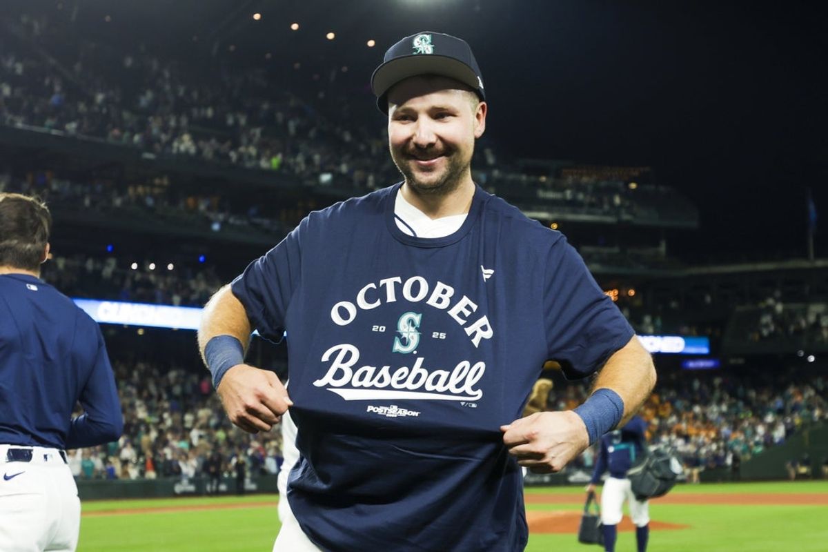Sep 23, 2025; Seattle, Washington, USA; Seattle Mariners catcher Cal Raleigh (29) celebrates following a playoff-clinching victory against the Colorado Rockies at T-Mobile Park. Mandatory Credit: Joe Nicholson-Imagn Images