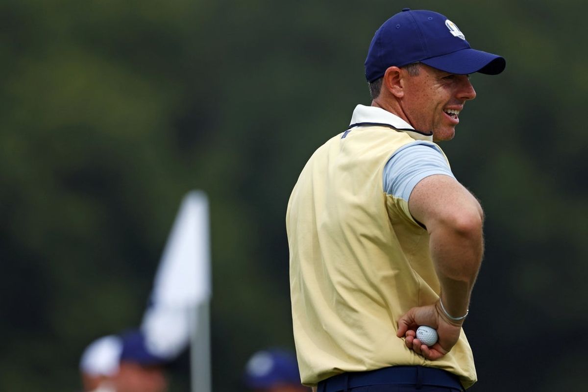 Sep 24, 2025; Bethpage, New York, USA; Rory McIlroy on the 11th green during a practice round of the Ryder Cup golf tournament at Bethpage Black. Mandatory Credit: Peter Casey-Imagn Images