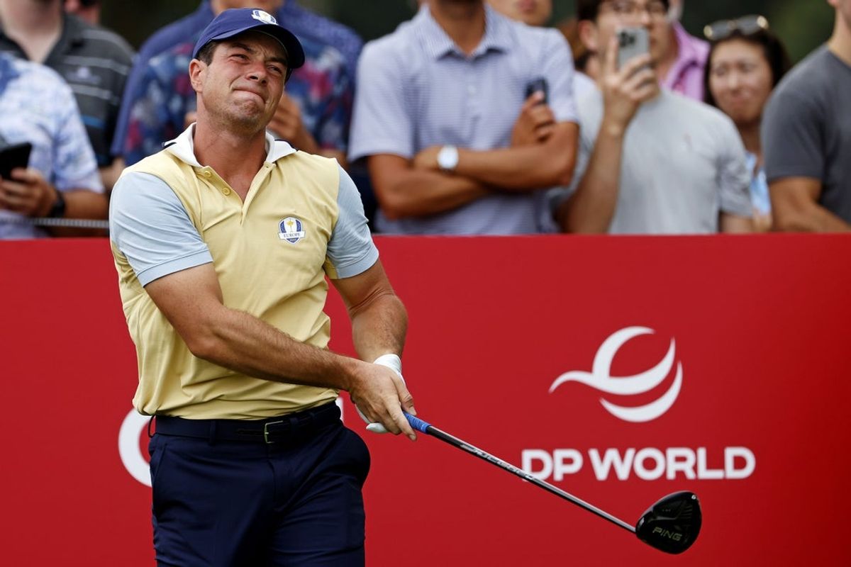 Sep 24, 2025; Bethpage, New York, USA; Viktor Hovland plays his shot from the 12th tee during a practice round of the Ryder Cup golf tournament at Bethpage Black. Mandatory Credit: Peter Casey-Imagn Images