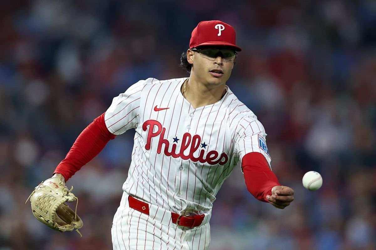 Sep 24, 2025; Philadelphia, Pennsylvania, USA; Philadelphia Phillies pitcher Jesús Luzardo (44) field the ball for an out against the Miami Marlins during the second inning at Citizens Bank Park. Mandatory Credit: Bill Streicher-Imagn Images