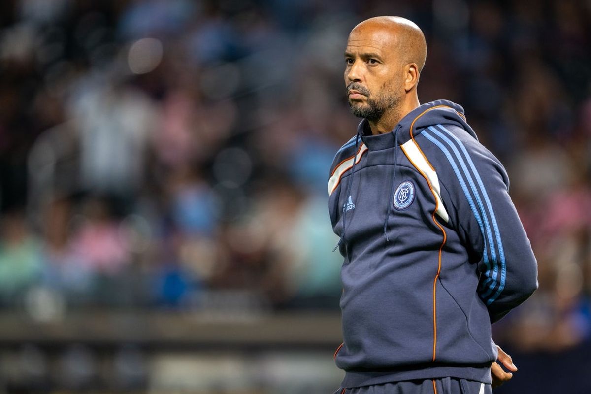 Sep 24, 2025; New York, NY, New York, NY, USA; New York City FC head coach Pascal Jansen before the match against Inter Miami at Citi Field. Mandatory Credit: Mark Smith-Imagn Images