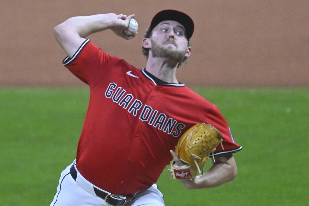 Sep 24, 2025; Cleveland, Ohio, USA; Cleveland Guardians starting pitcher Tanner Bibee (28) delivers a pitch in the first inning against the Detroit Tigers at Progressive Field. Mandatory Credit: David Richard-Imagn Images