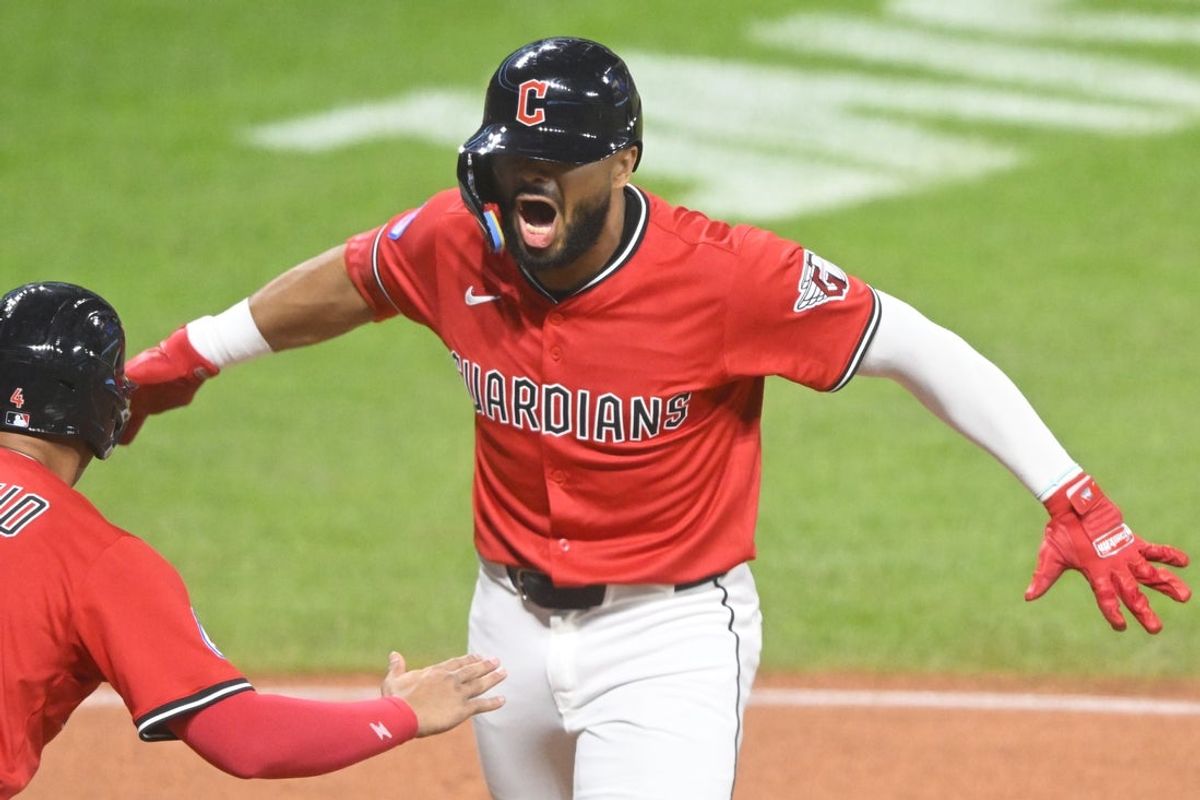 Sep 24, 2025; Cleveland, Ohio, USA; Cleveland Guardians designated hitter George Valera (35) celebrates his two-run home run in the third inning against the Detroit Tigers at Progressive Field. Mandatory Credit: David Richard-Imagn Images