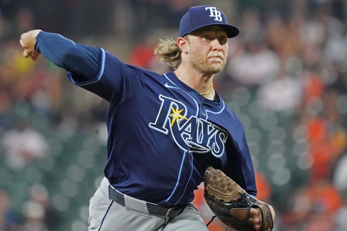 Sep 24, 2025; Baltimore, Maryland, USA; Tampa Bay Rays pitcher Shane Baz (11) throws pitch in the first inning against the Baltimore Orioles at Oriole Park at Camden Yards. Mandatory Credit: Mitch Stringer-Imagn Images