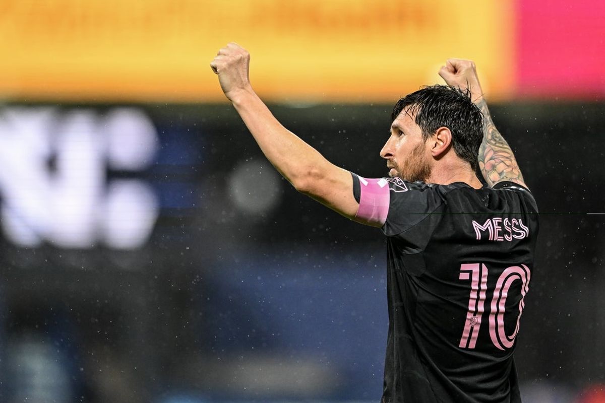 Sep 24, 2025; New York, NY, New York, NY, USA; Inter Miami forward Lionel Messi (10) celebrates his goal during the second half against New York City  at Citi Field. Mandatory Credit: Mark Smith-Imagn Images