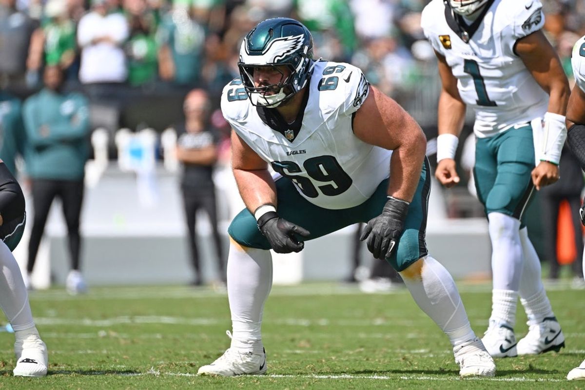 Sep 21, 2025; Philadelphia, Pennsylvania, USA;  Philadelphia Eagles guard Landon Dickerson (69) against the Los Angeles Rams at Lincoln Financial Field. Mandatory Credit: Eric Hartline-Imagn Images