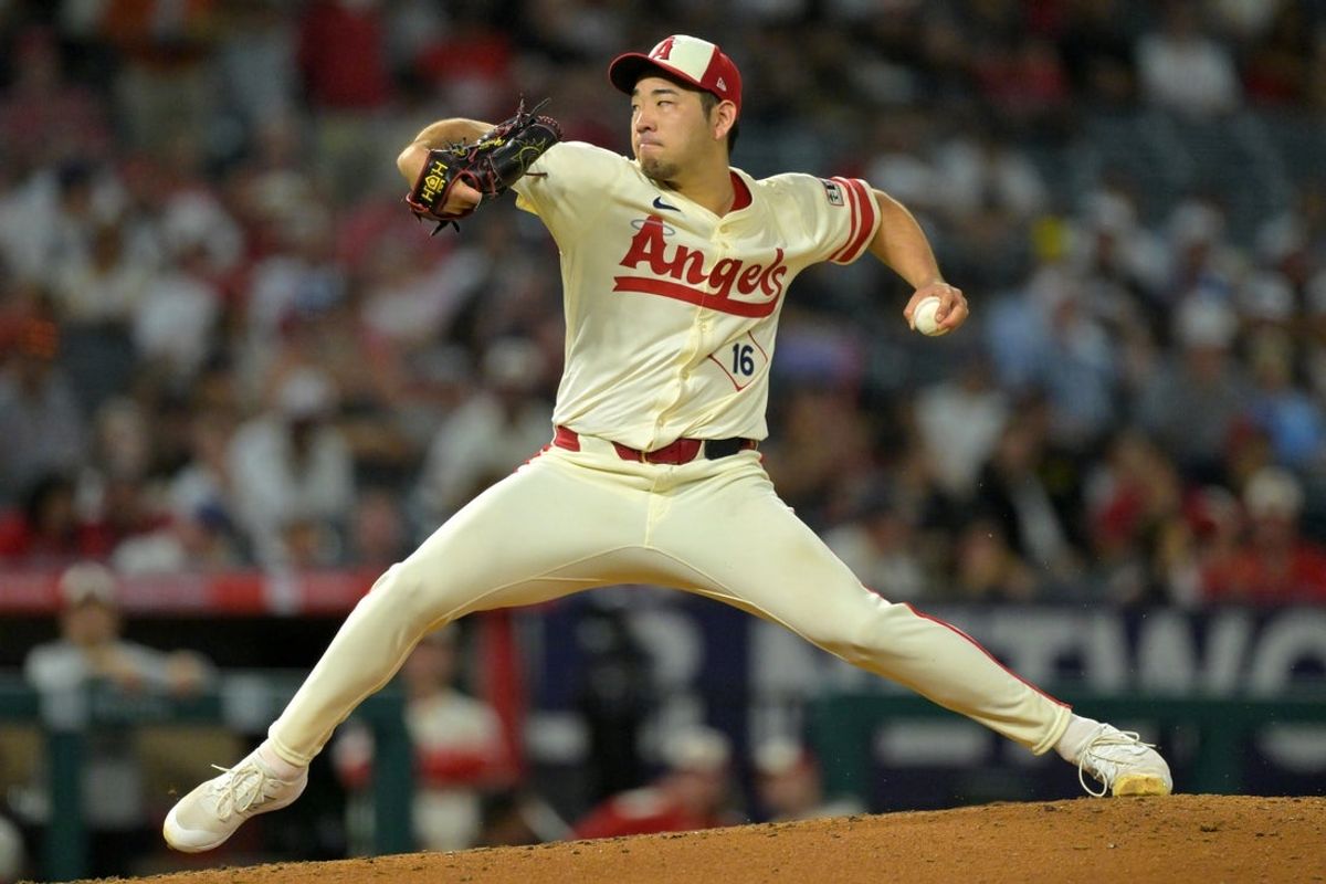 Sep 24, 2025; Anaheim, California, USA;  Los Angeles Angels starting pitcher Yusei Kikuchi (16) delivers during the fourth inning against the Kansas City Royals at Angel Stadium. Mandatory Credit: Jayne Kamin-Oncea-Imagn Images