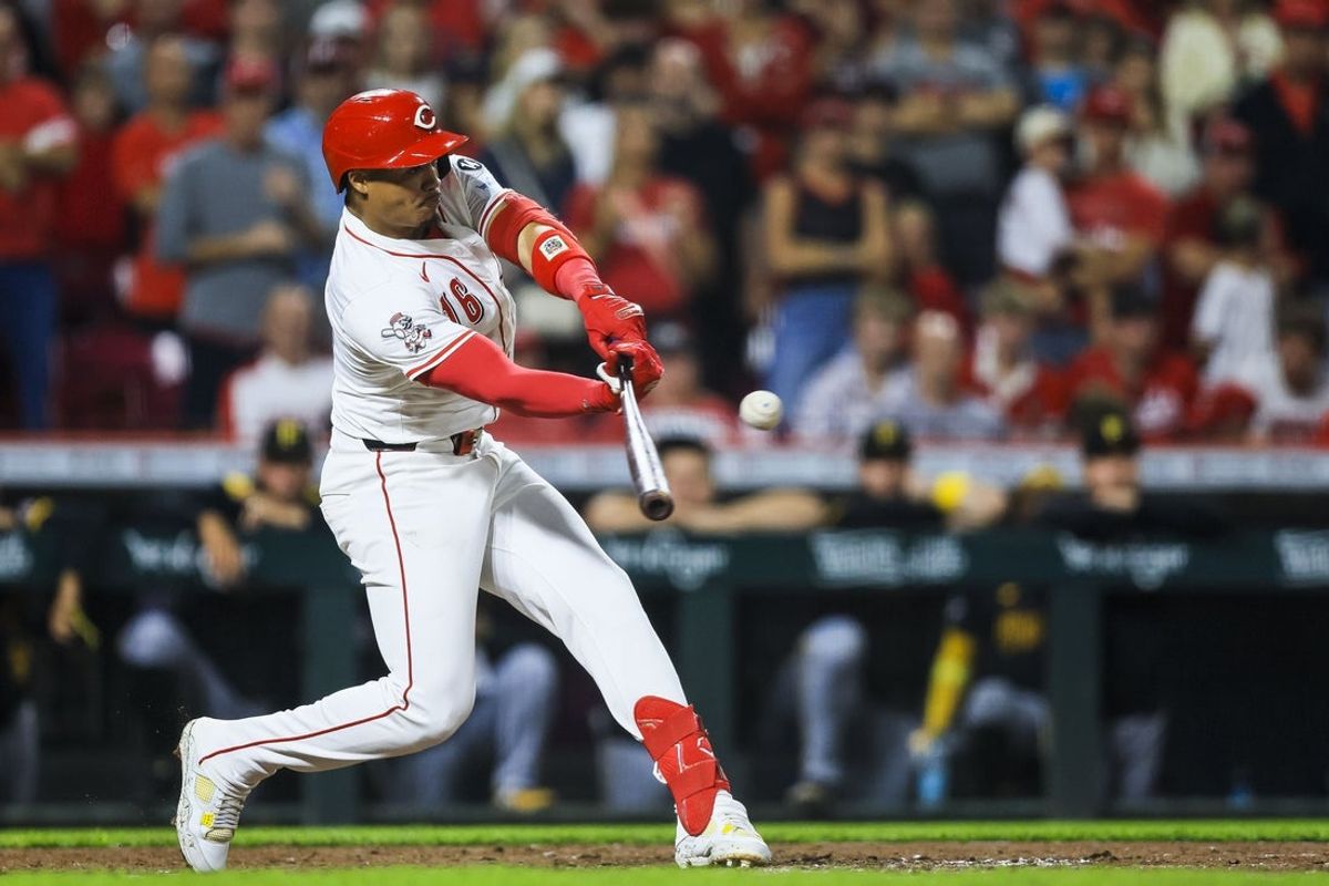 Sep 24, 2025; Cincinnati, Ohio, USA; Cincinnati Reds outfielder Noelvi Marte (16) hits a single in the tenth inning against the Pittsburgh Pirates at Great American Ball Park. Mandatory Credit: Katie Stratman-Imagn Images