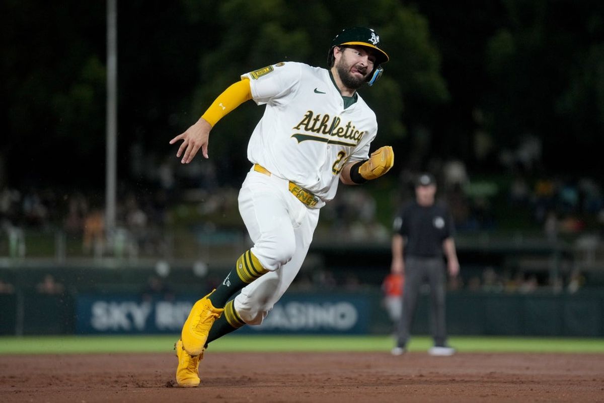 Sep 24, 2025; West Sacramento, California, USA; Athletics catcher Shea Langeliers (23) runs towards third base against the Houston Astros in the third inning at Sutter Health Park. Mandatory Credit: Cary Edmondson-Imagn Images