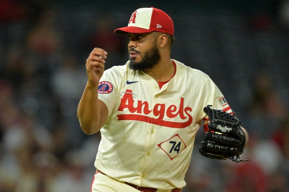 Sep 24, 2025; Anaheim, California, USA;  Los Angeles Angels relief pitcher Kenley Jansen (74) earns his 28th save of the season in the ninth inning against the Kansas City Royals at Angel Stadium. Mandatory Credit: Jayne Kamin-Oncea-Imagn Images
