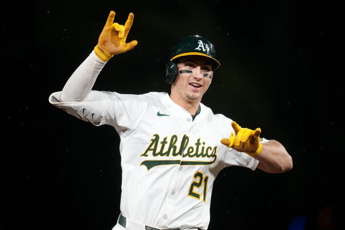 Sep 24, 2025; West Sacramento, California, USA; Athletics left fielder Tyler Soderstrom (21) jogs towards third base after hitting a home run against the Houston Astros in the seventh inning at Sutter Health Park. Mandatory Credit: Cary Edmondson-Imagn Images