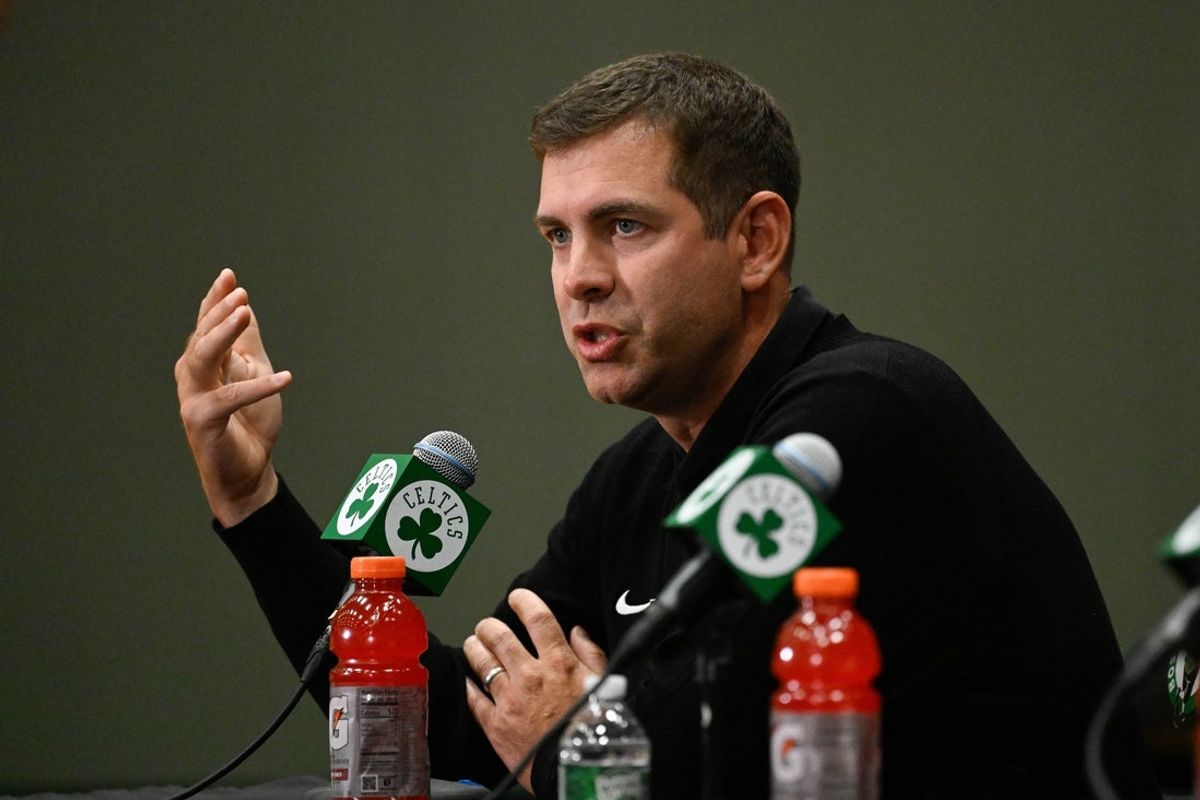Sep 25, 2025; Boston, MA, USA;  Boston Celtics president of basketball operations Brad Stevens speaks during a press conference at the Auerbach Center. Mandatory Credit: Eric Canha-Imagn Images