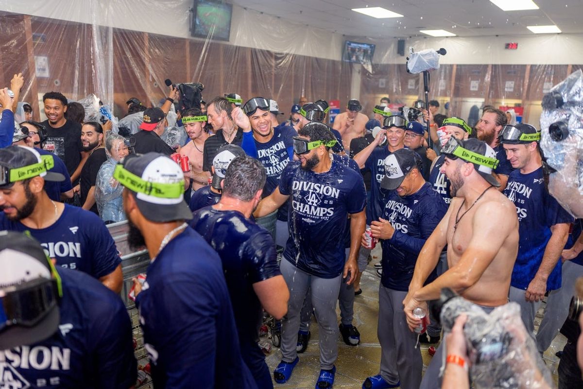 Sep 25, 2025; Phoenix, Arizona, USA; A general view as the Los Angeles Dodgers celebrate their National League West championship after a game against the Arizona Diamondbacks at Chase Field. Mandatory Credit: Allan Henry-Imagn Images