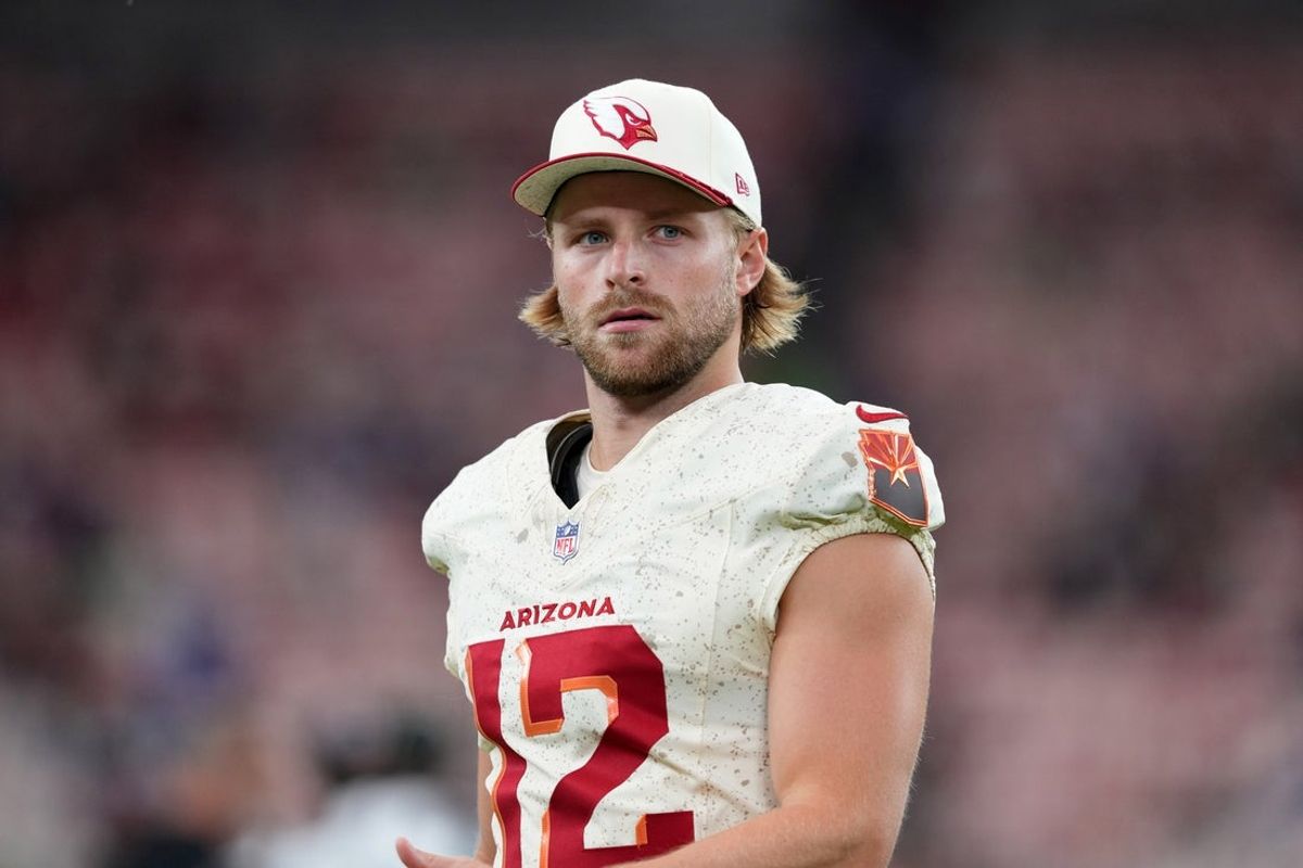 Sep 25, 2025; Glendale, Arizona, USA; Arizona Cardinals punter Blake Gillikin (12) looks on before the game against the Seattle Seahawks at State Farm Stadium. Mandatory Credit: Joe Camporeale-Imagn Images