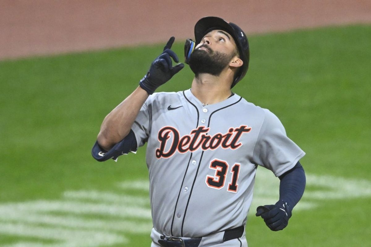 Sep 25, 2025; Cleveland, Ohio, USA; Detroit Tigers left fielder Riley Greene (31) celebrates his solo home run in the fourth inning against the Cleveland Guardians at Progressive Field. Mandatory Credit: David Richard-Imagn Images