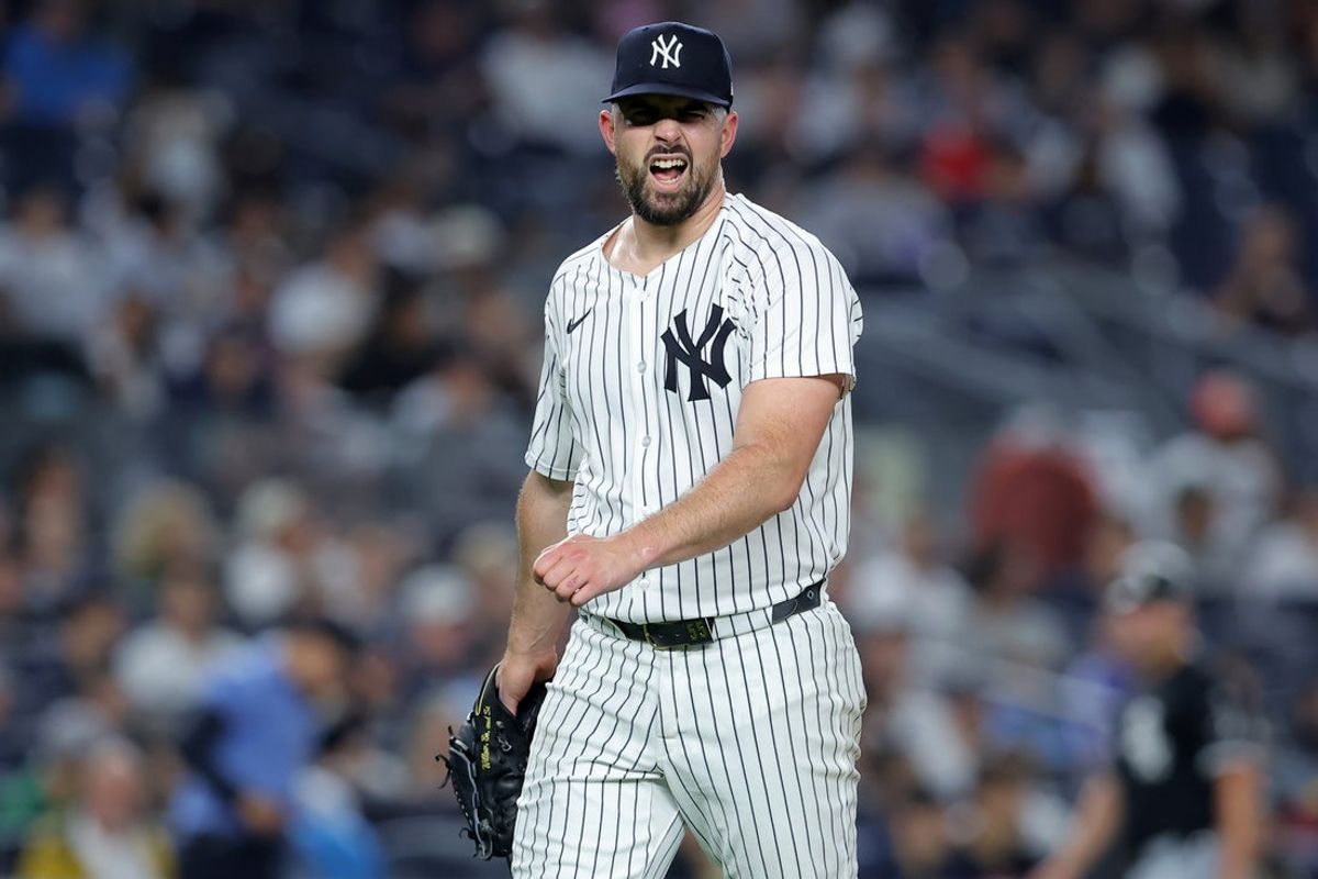 Sep 25, 2025; Bronx, New York, USA; New York Yankees starting pitcher Carlos Rodon (55) reacts after the top of the fifth inning against the Chicago White Sox at Yankee Stadium. Mandatory Credit: Brad Penner-Imagn Images