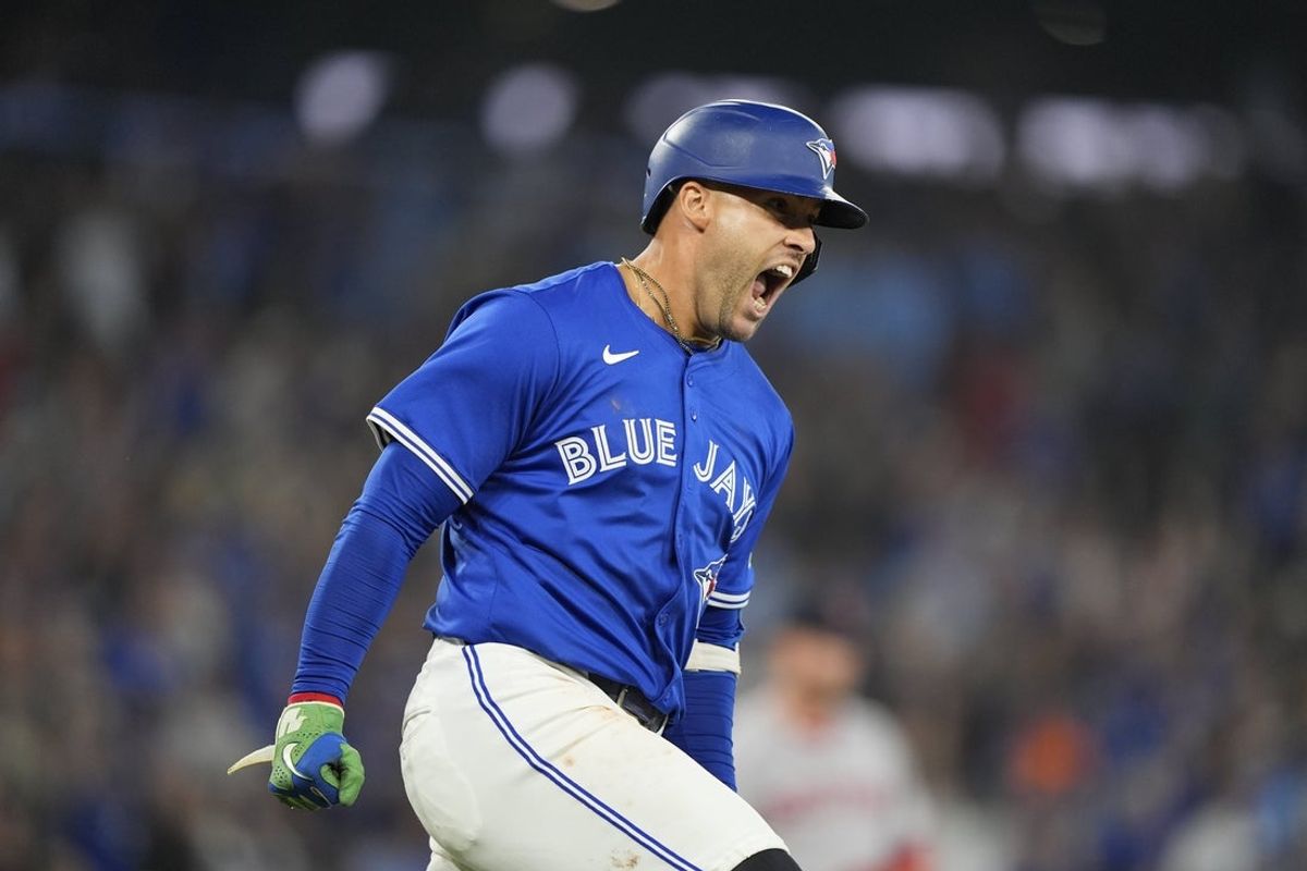 Sep 25, 2025; Toronto, Ontario, CAN; Toronto Blue Jays designated hitter George Springer (4) reacts as he runs the bases on his two run home run against the Boston Red Sox during the sixth inning at Rogers Centre. Mandatory Credit: John E. Sokolowski-Imagn Images