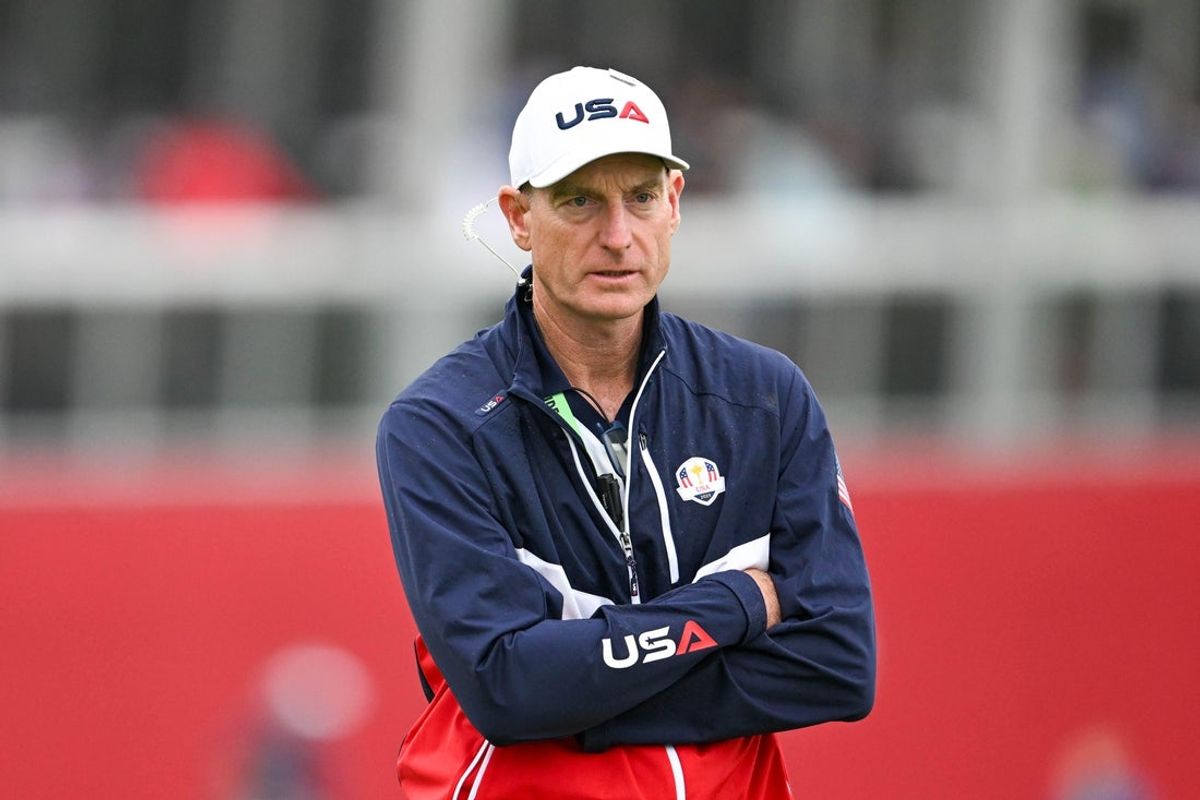 Sep 25, 2025; Bethpage, New York, USA; Jim Furyk coaches on the eighteenth green during a practice round of the Ryder Cup golf tournament at Bethpage Black. Mandatory Credit: Dennis Schneidler-Imagn Images