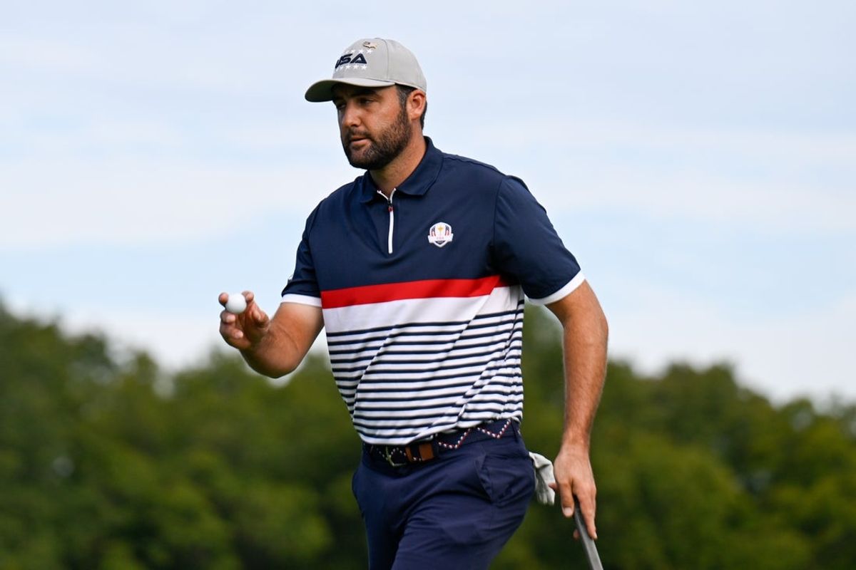 Sep 26, 2025; Bethpage, New York, USA; Team USA golfer  Scottie Scheffler reacts on the 11th hole on the first day of competition for the Ryder Cup at Bethpage Black. Mandatory Credit: Dennis Schneidler-Imagn Images