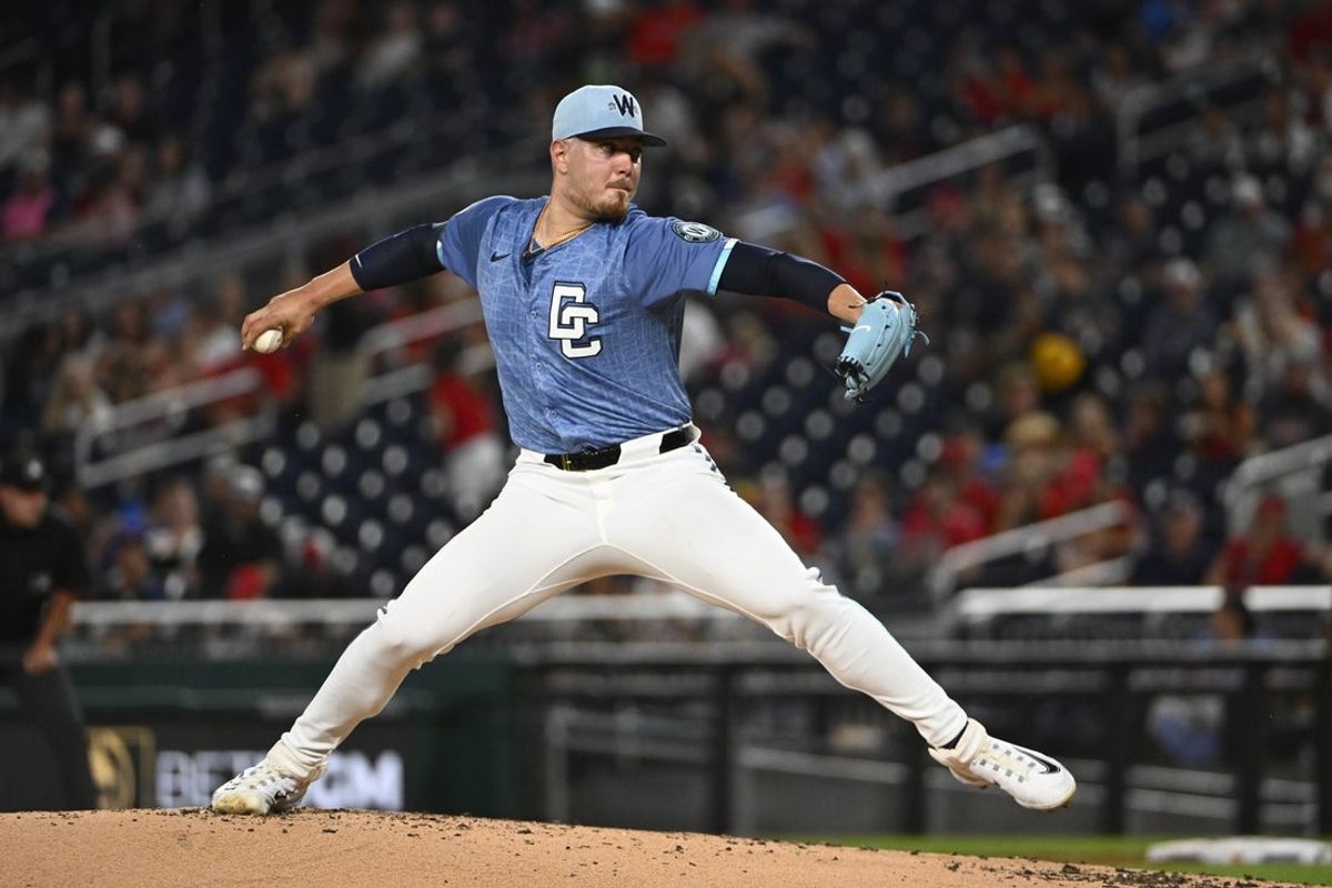 Sep 26, 2025; Washington, District of Columbia, USA; Washington Nationals starting pitcher Cade Cavalli (24) throws to the Chicago White Sox dduring the second inning at Nationals Park. Mandatory Credit: Brad Mills-Imagn Images