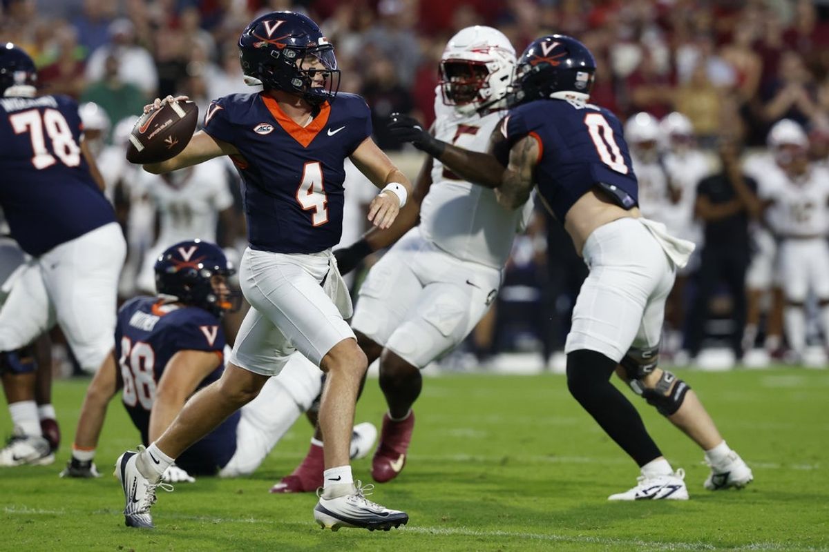 Sep 26, 2025; Charlottesville, Virginia, USA; Virginia Cavaliers quarterback Chandler Morris (4) passes the ball against the Florida State Seminoles during the first quarter at Scott Stadium. Mandatory Credit: Geoff Burke-Imagn Images