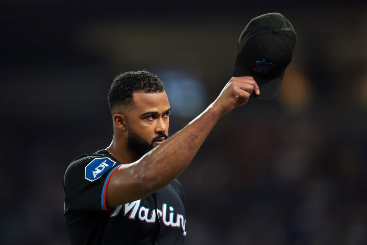 Sep 26, 2025; Miami, Florida, USA; Miami Marlins starting pitcher Sandy Alcantara (22) tips his hat off toward the fans as he exits the game against the New York Mets during the eighth inning at loanDepot Park. Mandatory Credit: Sam Navarro-Imagn Images