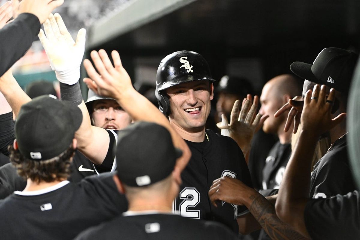 Sep 26, 2025; Washington, District of Columbia, USA; Chicago White Sox shortstop Colson Montgomery (12) is congratulated by teammates after hitting a two run home run against the Washington Nationals during the ninth inning at Nationals Park. Mandatory Credit: Brad Mills-Imagn Images