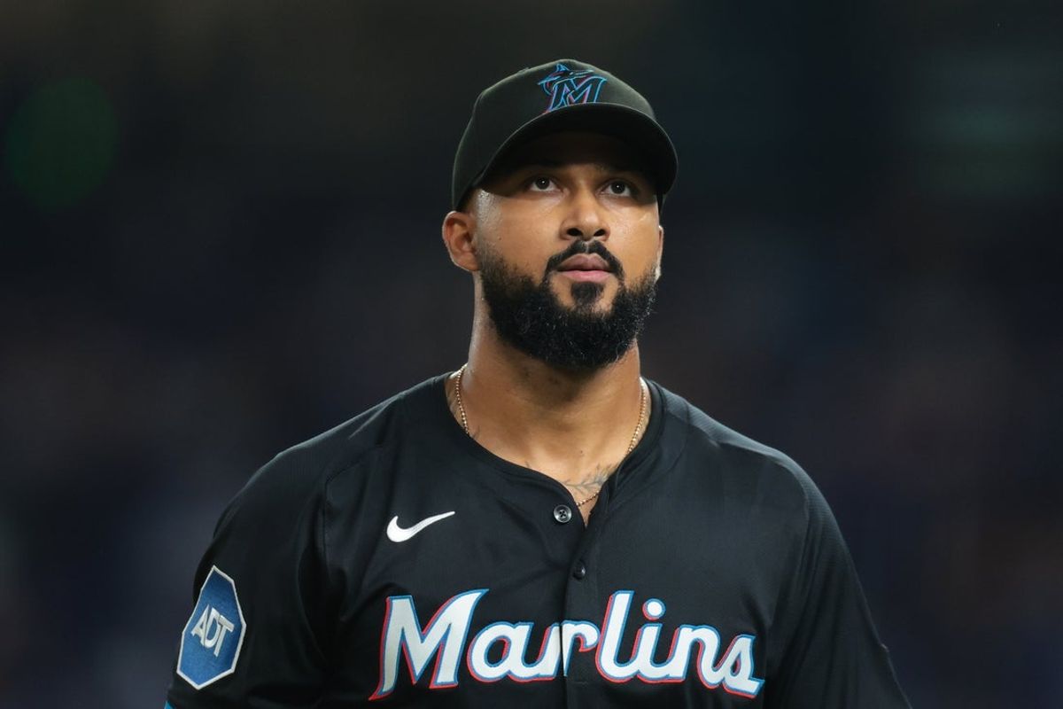 Sep 26, 2025; Miami, Florida, USA; Miami Marlins starting pitcher Sandy Alcantara (22) exits the game against the New York Mets during the eighth inning at loanDepot Park. Mandatory Credit: Sam Navarro-Imagn Images