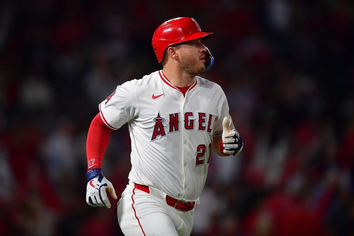 Sep 26, 2025; Anaheim, California, USA; Los Angeles Angels designated hitter Mike Trout (27) runs the bases after hitting a solo home run against the Houston Astros during the fourth inning at Angel Stadium. Mandatory Credit: Gary A. Vasquez-Imagn Images