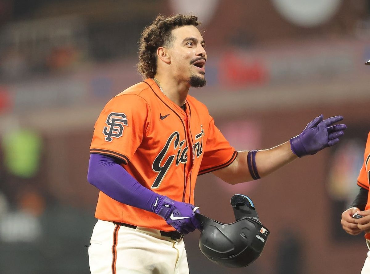 Sep 26, 2025; San Francisco, California, USA; San Francisco Giants shortstop Willy Adames (2) at first base after being hit by pitch against the Colorado Rockies during the fifth inning at Oracle Park. Mandatory Credit: Kelley L Cox-Imagn Images
