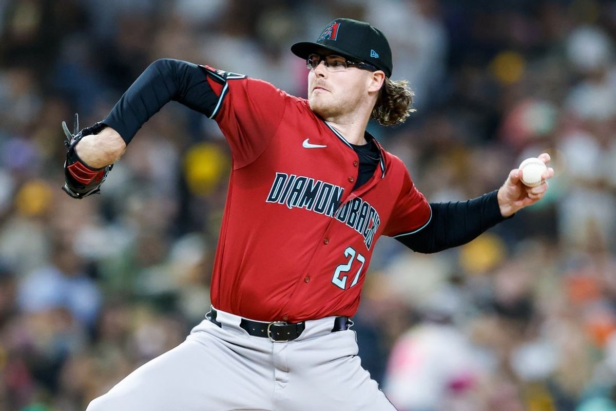 Sep 26, 2025; San Diego, California, USA; Arizona Diamondbacks relief pitcher Andrew Saalfrank (27) throws a pitch during the seventh inning against the San Diego Padres at Petco Park. Mandatory Credit: David Frerker-Imagn Images