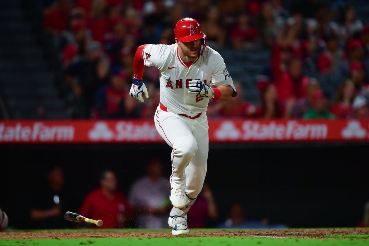 Sep 26, 2025; Anaheim, California, USA; Los Angeles Angels designated hitter Mike Trout (27) runs the bases after hitting a solo home run againast the Houston Astros during the eighth inning at Angel Stadium. Mandatory Credit: Gary A. Vasquez-Imagn Images