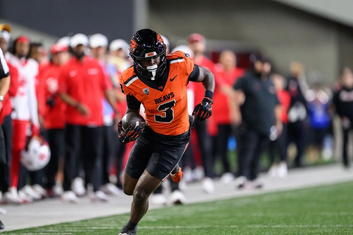 Sep 26, 2025; Corvallis, Oregon, USA; Oregon State Beavers wide receiver Taz Reddicks (3) runs the ball after a catch in overtime against the Houston Cougars at Reser Stadium. Mandatory Credit: Craig Strobeck-Imagn Images