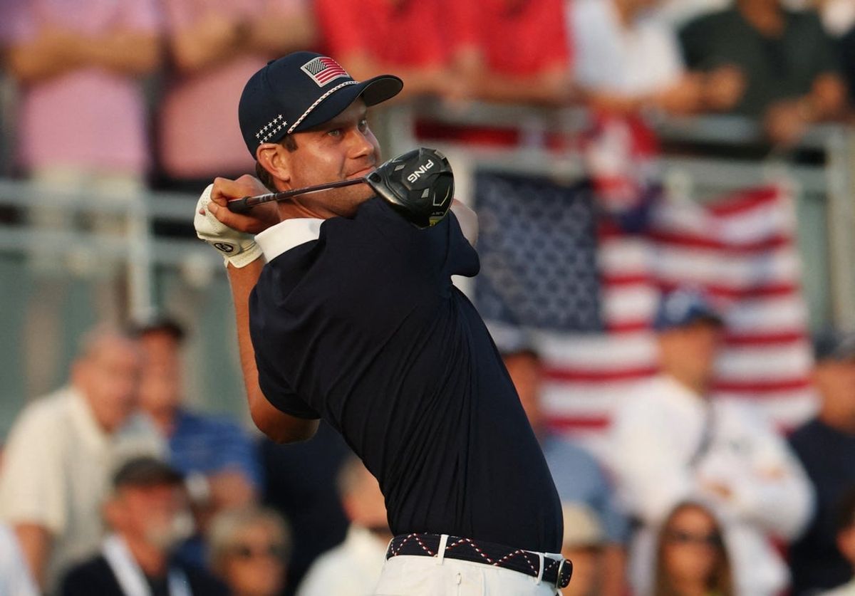 [US, Mexico & Canada customers only] Sep 27, 2025; Bethpage, New York, USA; Team USA's Harris English hits his tee shot on the 1st hole during the foursomes on the second day of competition for the Ryder Cup at Bethpage Black. Mandatory Credit: Brendan Mcdermid-Reuters via Imagn Images