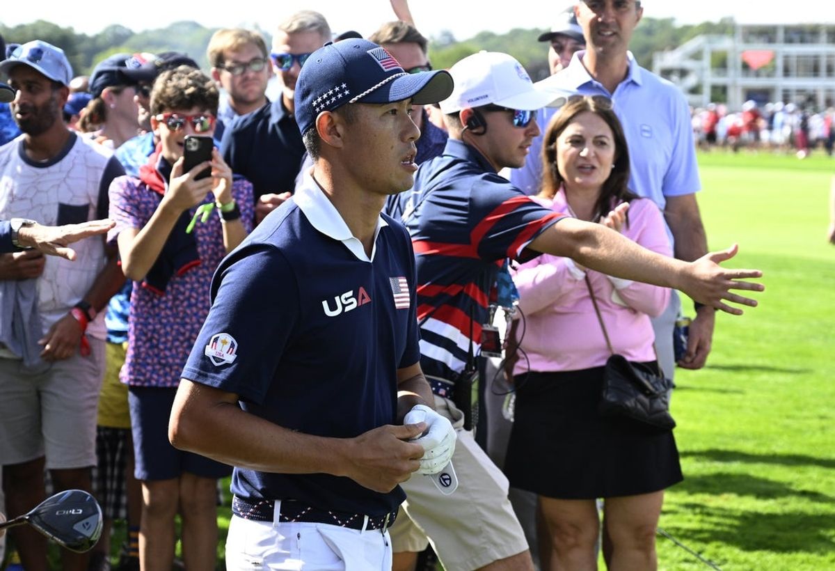 Sep 27, 2025; Bethpage, New York, USA; Team USA golfer Collin Morikawa walks on the 15th hole on the penultimate day of competition for the Ryder Cup at Bethpage Black. Mandatory Credit: Dennis Schneidler-Imagn Images