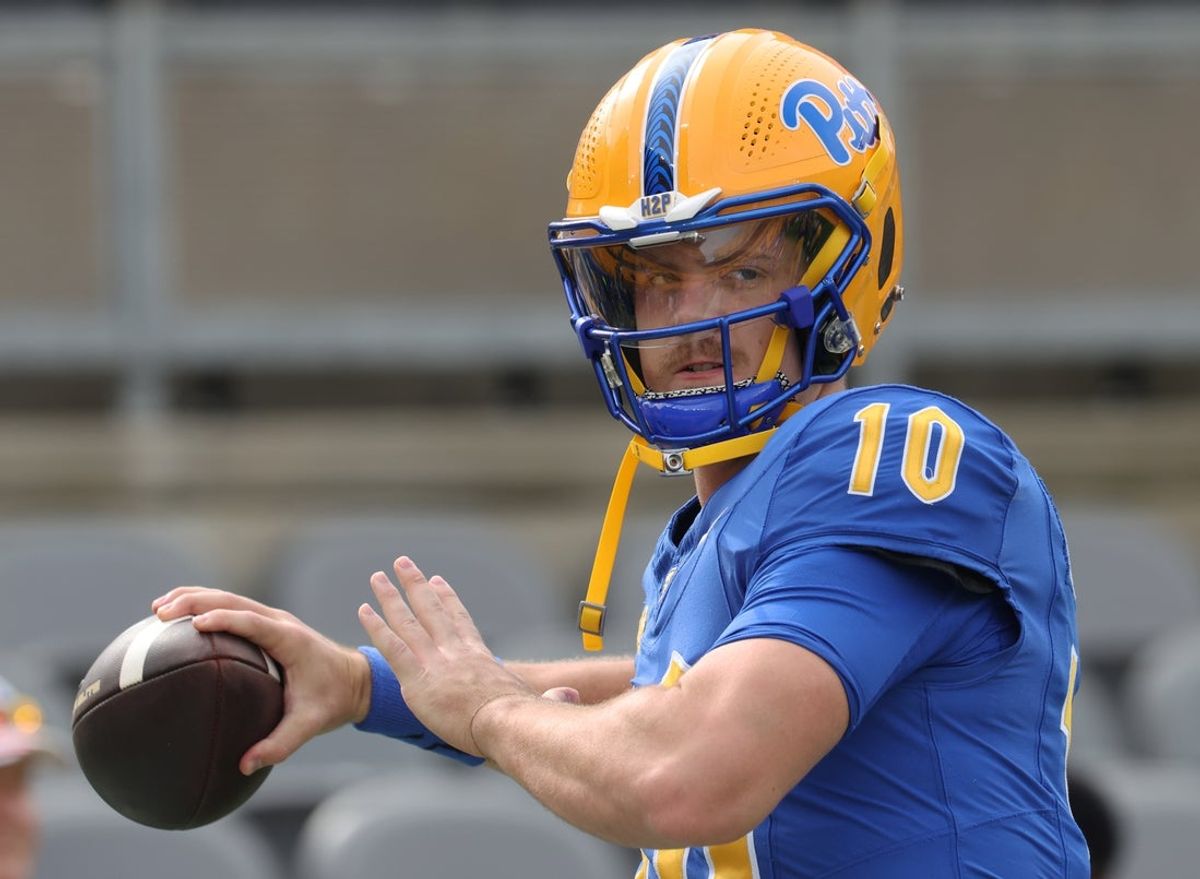Sep 27, 2025; Pittsburgh, Pennsylvania, USA;  Pittsburgh Panthers quarterback Eli Holstein (10) warms up before the game against the Louisville Cardinals at Acrisure Stadium. Mandatory Credit: Charles LeClaire-Imagn Images