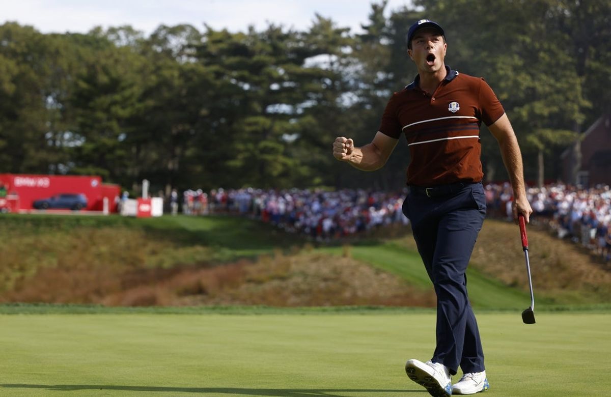 Sep 27, 2025; Bethpage, New York, USA; Team Europe golfer Viktor Hovland reacts to a putt on the 14th hole on the penultimate day of competition for the Ryder Cup at Bethpage Black. Mandatory Credit: Peter Casey-Imagn Images
