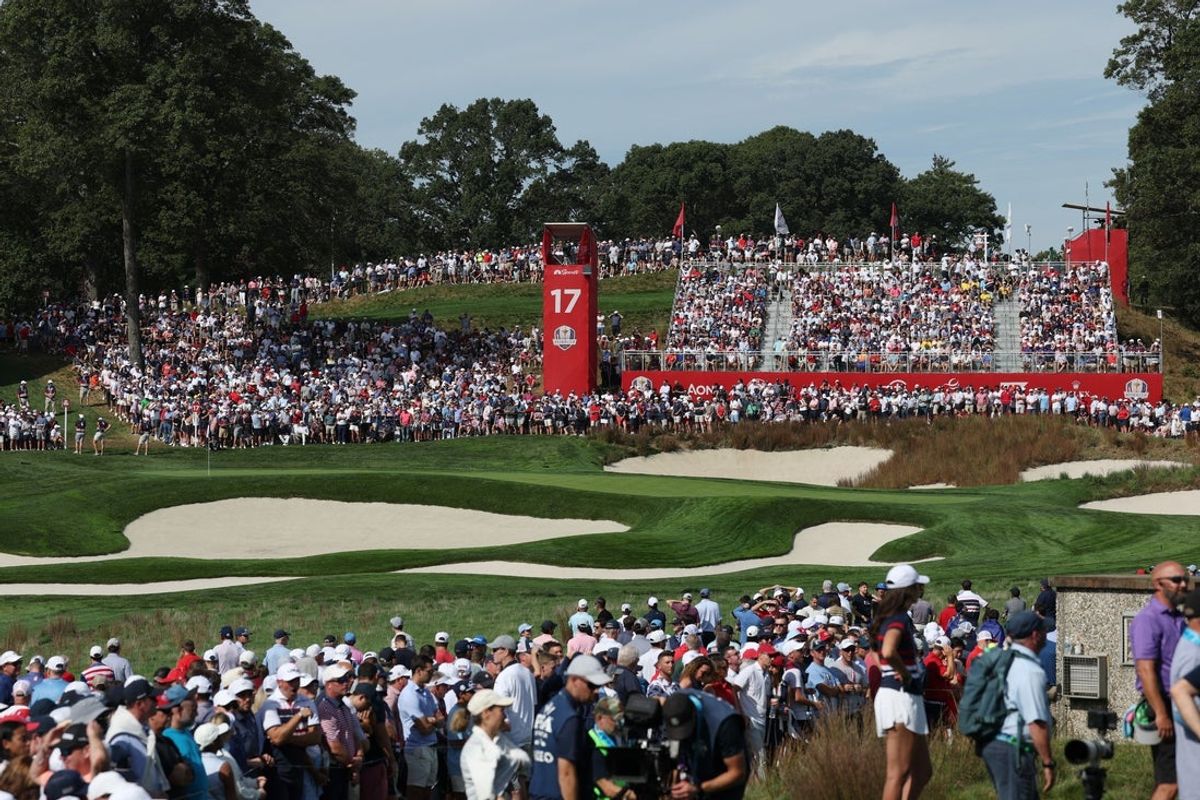 [US, Mexico & Canada customers only] Sep 27, 2025; Bethpage, New York, USA; General view of fans on the 17th hole during the foursomes on the second day of competition for the Ryder Cup at Bethpage Black. Mandatory Credit: Paul Childs-Reuters via Imagn Images