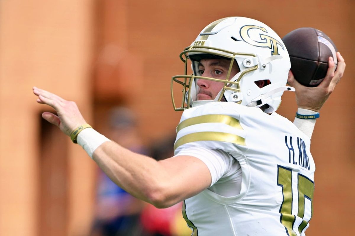 Sep 27, 2025; Winston-Salem, North Carolina, USA;  Georgia Tech Yellow Jackets quarterback Haynes King (10) drops the ball back for a pass in the first quarter against the Wake Forest Demon Deacons at Allegacy Federal Credit Union Stadium. Mandatory Credit: Zachary Taft-Imagn Images