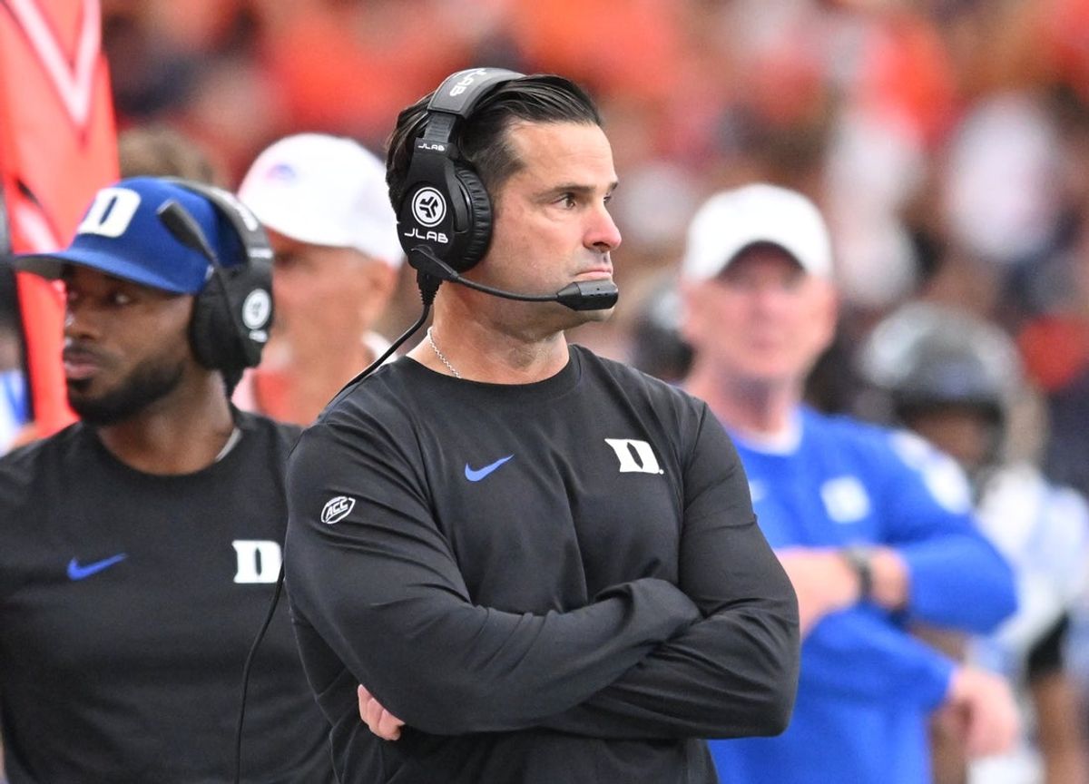 Sep 27, 2025; Syracuse, New York, USA; Duke Blue Devils head coach Manny Diaz on the sidelines in the second quarter game against the Syracuse Orange at the JMA Wireless Dome. Mandatory Credit: Mark Konezny-Imagn Images
